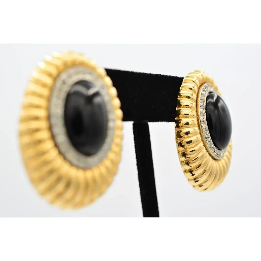 Vintage Black Cabochon Clip On Earrings Rhinestone Crystal Gold Chunky 80s BinAF
